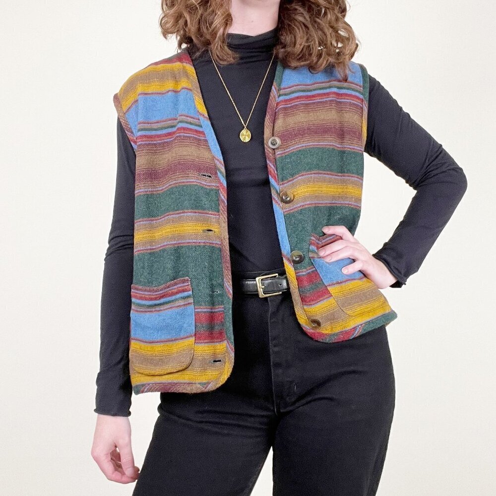 Vintage Striped Wool Oversized Sweater Vest Boho Western Rustic Bohemian Hippie
